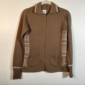 COLUMBIA ZIP CARDIGAN Size XS Brown/white design. Pockets Full Front Zip, Collar